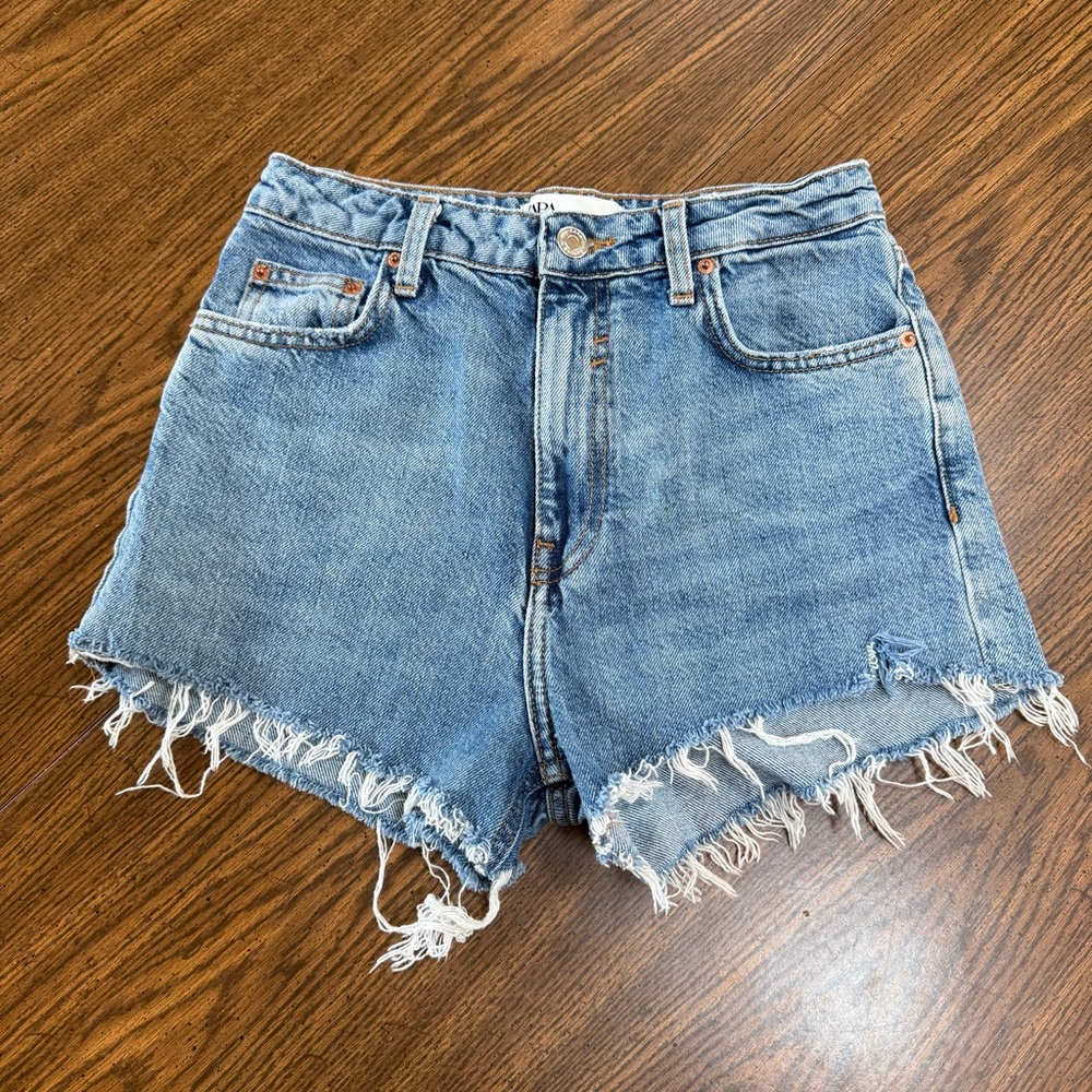 Zara Light Blue Distressed High-Waist Jean Shorts